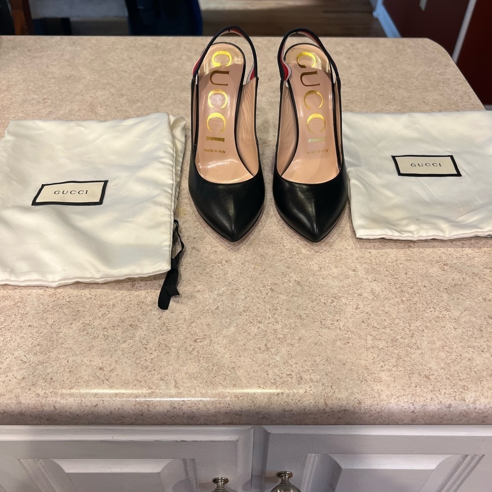 GUCCI SYLVIE WEB SLINGBACK BLACK LEATHER 3.25" HEELS PUMP SHOES 36 - Picture 3 of 14